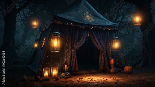 Spooky fortune teller's tent with glowing elements.