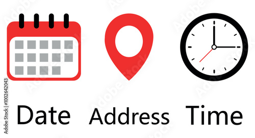 Set of time, date and address icon set. Clock, calendar, location pin. Vector illustration isolated on white background.