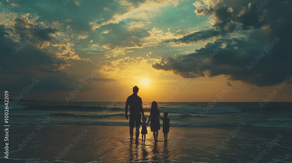 Sunset Family Silhouette: A family of four stands hand in hand, silhouetted against a breathtaking sunset on the beach, capturing a moment of togetherness and serenity. Sunset Family Silhouette: A family of four stands hand in hand, silhouetted against a breathtaking sunset on the beach, capturing a moment of togetherness and serenity.