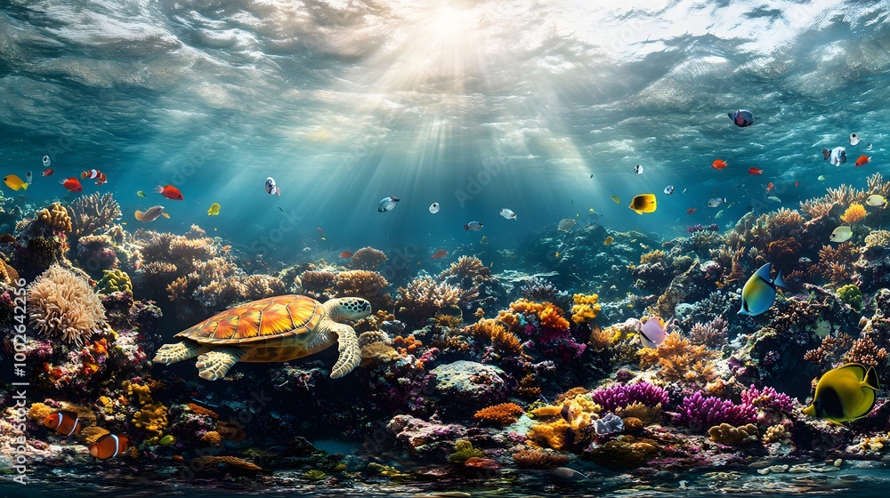 Naklejka premium A vibrant underwater scene showcasing a sea turtle swimming among colorful coral reefs and tropical fish in clear ocean water..