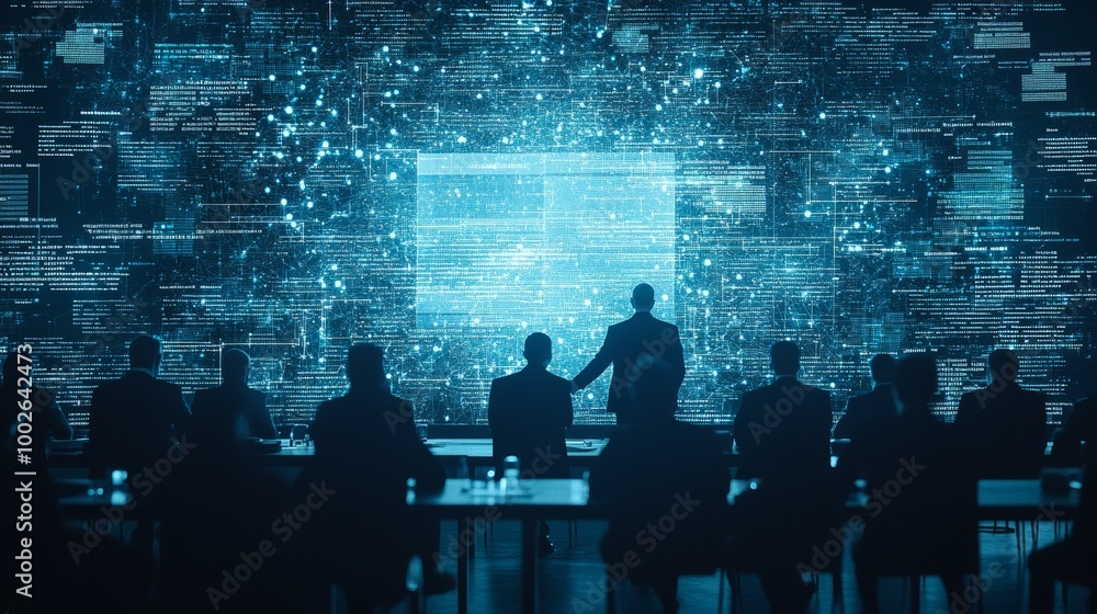 Data Unveiled: A Silhouetted Business Team Gathers for a Presentation, Illuminated by a Giant Data Screen. The image conveys mystery, technological advancement, and strategic planning.