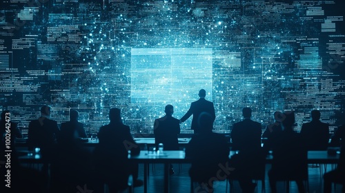 Obraz na płótnie Data Unveiled: A Silhouetted Business Team Gathers for a Presentation, Illuminated by a Giant Data Screen. The image conveys mystery, technological advancement, and strategic planning. w salonie