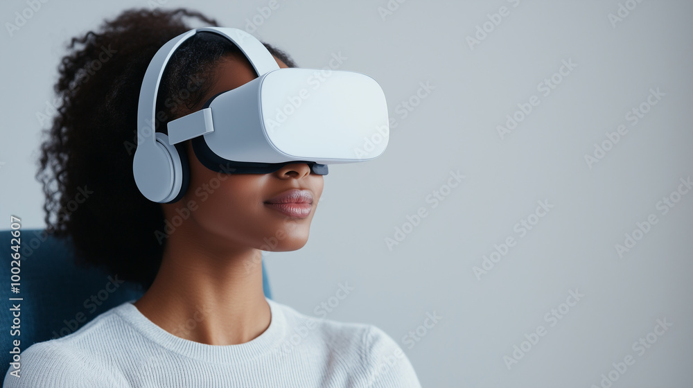 Immersed in virtual world, woman experiences latest technology with VR headset and headphones. Her focused expression reflects excitement of digital exploration. Immersed in virtual world, woman experiences latest technology with VR headset and headphones. Her focused expression reflects excitement of digital exploration.