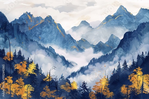 Digital Painting - Watercolor view of mauntains