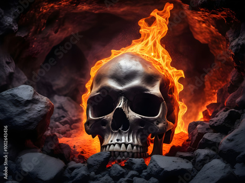 Blazing Terror: The Glowing Skull Surrounded by Flames and Dark Rock photo