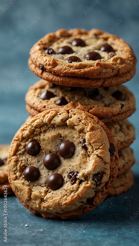 Stack of delicious cookies against a blue background. Stack of delicious cookies against a blue background.