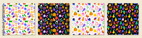 Food seamless pattern. Abstract shapes. Doodle fruit. Organic figures. Matisse nature print. Kids texture. Childish modern flat art. Fresh products. Geometric garish decoration. Vector backgrounds set