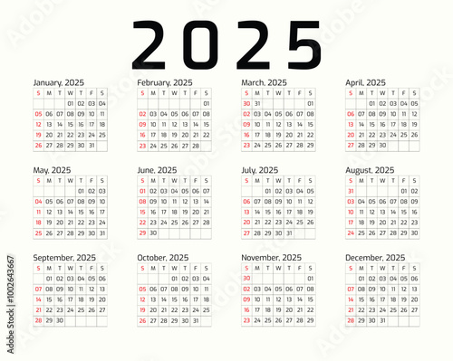 2025 Year all months calendar Single Page corporate wall 2025 12 months calendar template, Professional style.