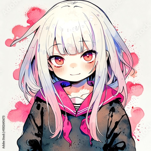 Anime Girl with White Hair and Pink Accents photo