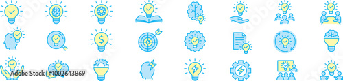 Idea icon set. Creative, business, solution, brainstorming, innovation, Lightbulb, brain, meeting, thinking and management. Editable stroke icons collection vector illustration. 