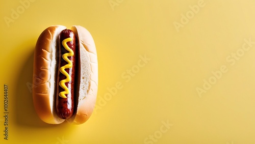 3D Render of a Minimalist Food Photography Image Featuring a Hot Dog with a Glossy Grilled Sausage in a Soft Bun, Topped with Bright Yellow Mustard Against a Solid Vibrant Yellow Background photo