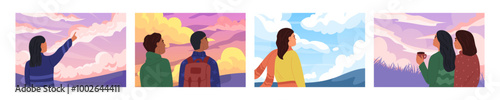 People watching sky. Dream cloud. Scenic landscape. Adventure with coffee. Peaceful heaven scenery. Motivation nature. Woman meeting solitude. Man looking at sunrise. Vector garish cartoon banners set