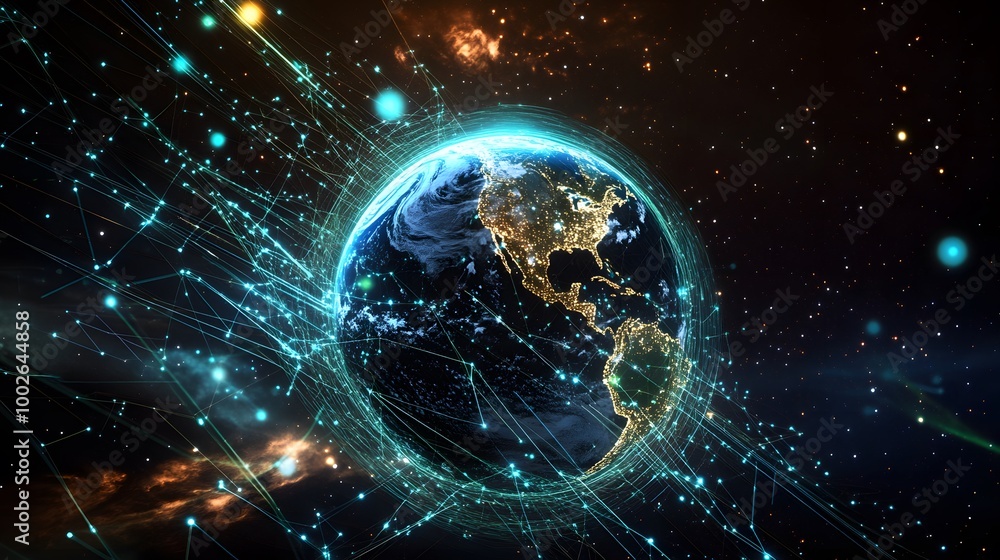 Obraz premium A view of Earth from space surrounded by glowing digital networks, symbolizing global connectivity, data flow, and advanced technology.