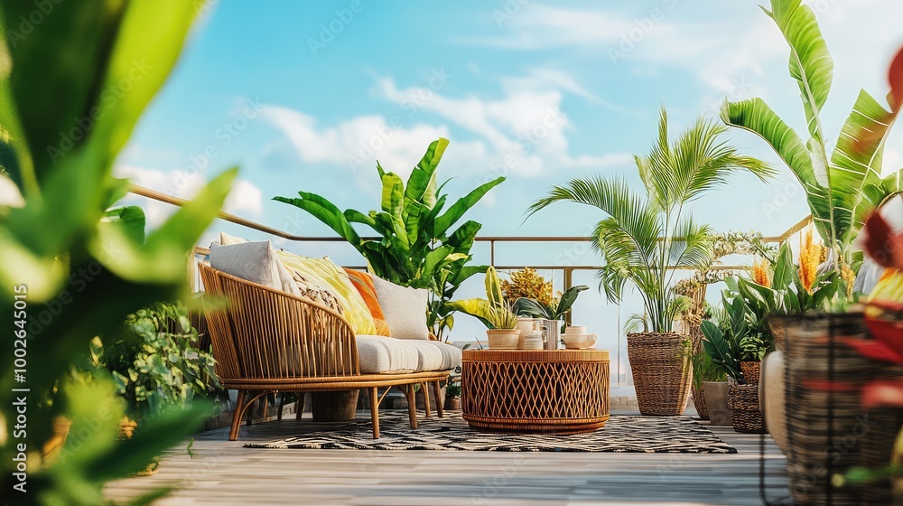 Fototapeta premium with vibrant textiles, rattan furniture, and large potted plants under a sunny sky