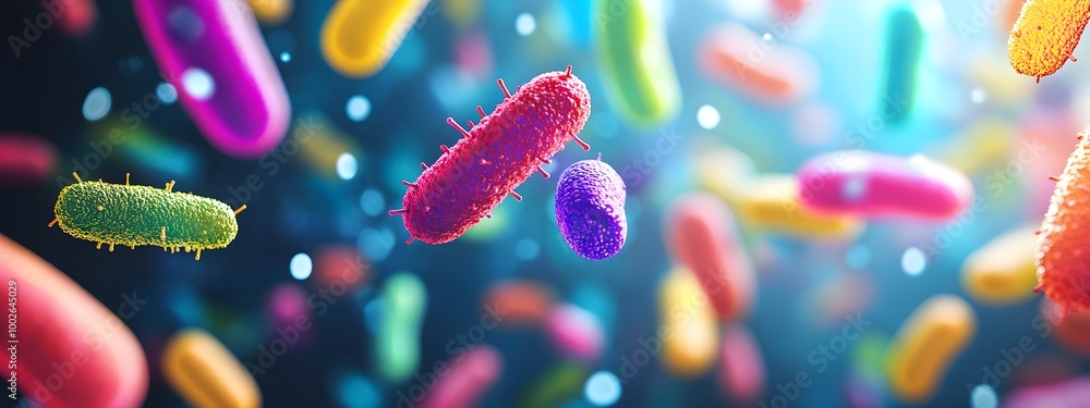 A colorful array of bacteria floating in an animated, dynamic background A colorful array of bacteria floating in an animated, dynamic background