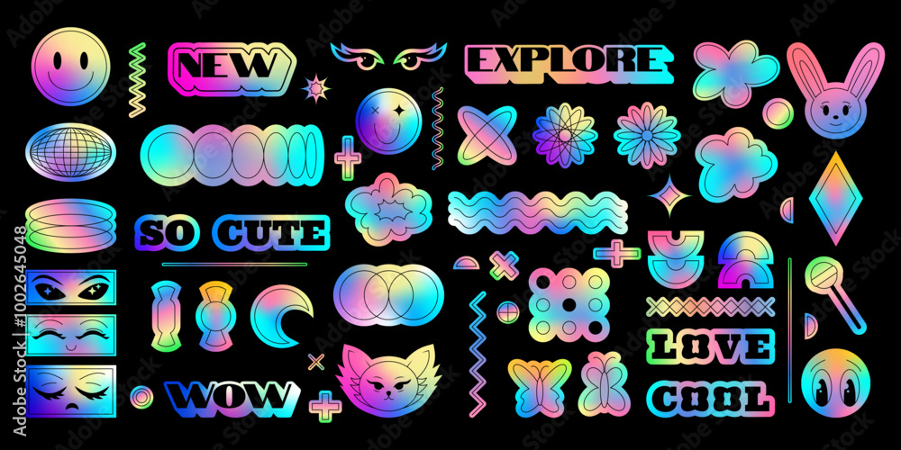 Fototapeta premium Y2K metal sticker. Graphic anime element. Label design. Gradient hologram. Abstract tag. Rave party. Vintage sign badge. Futuristic silver shapes. Metallic smile. Vector garish retro fun icons set