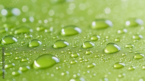 Captivating Close-Up of Dew Drops on a Lush Green Surface Capturing Nature's Serenity