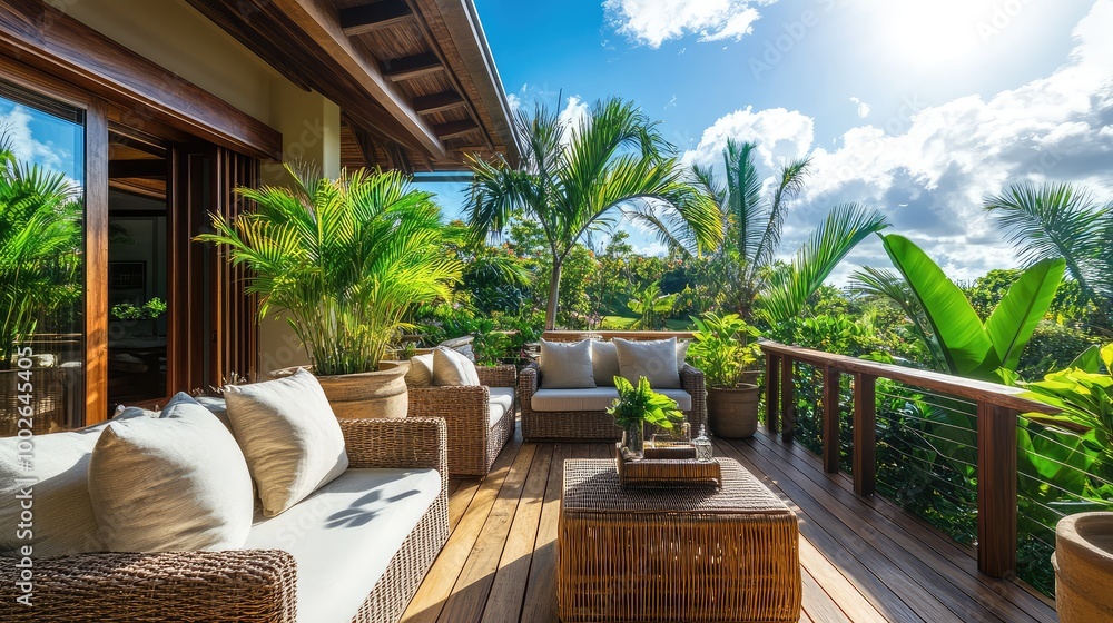 Fototapeta premium with woven furniture, large potted palms, and a natural wood deck under a sunny sky