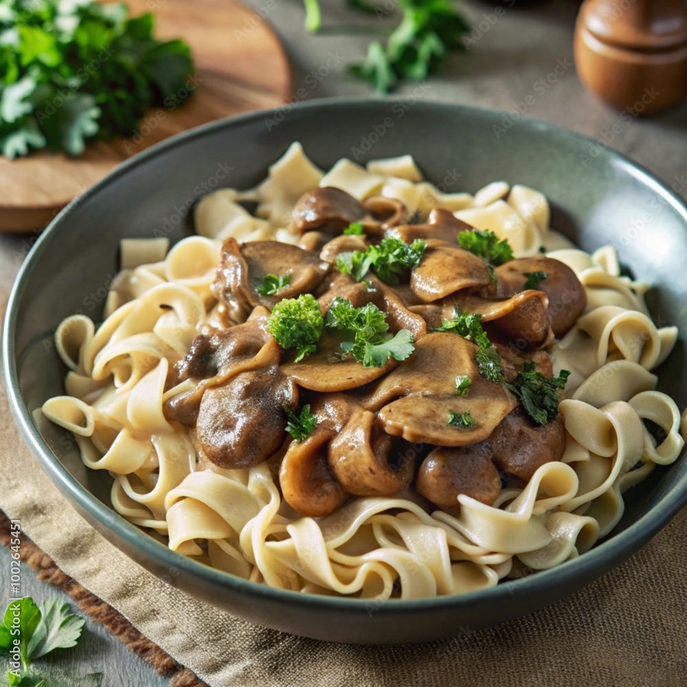 Vegan mushroom stroganoff featuring a creamy sauce and tender mushrooms, served with noodles and sprinkled with black pepper Vegan mushroom stroganoff featuring a creamy sauce and tender mushrooms, served with noodles and sprinkled with black pepper