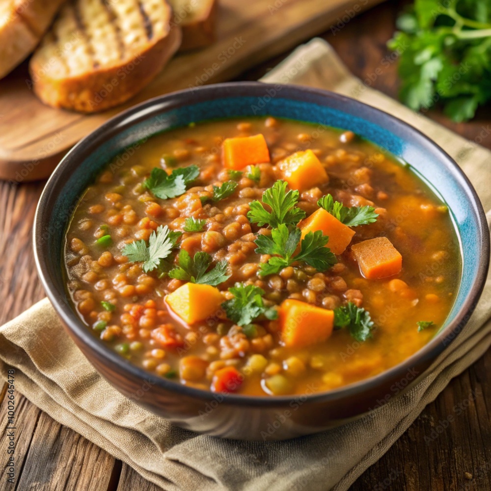 A warm and nutritious vegan lentil soup, featuring a mix of fresh vegetables and herbs, served in a colorful ceramic bowl A warm and nutritious vegan lentil soup, featuring a mix of fresh vegetables and herbs, served in a colorful ceramic bowl