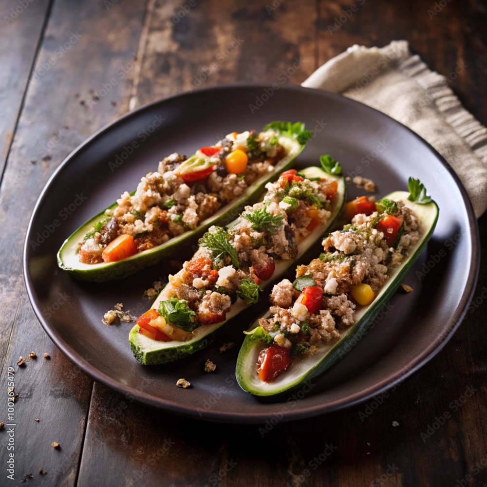 A delicious plant-based dish of stuffed zucchini boats filled with quinoa and fresh vegetables, garnished with herbs A delicious plant-based dish of stuffed zucchini boats filled with quinoa and fresh vegetables, garnished with herbs