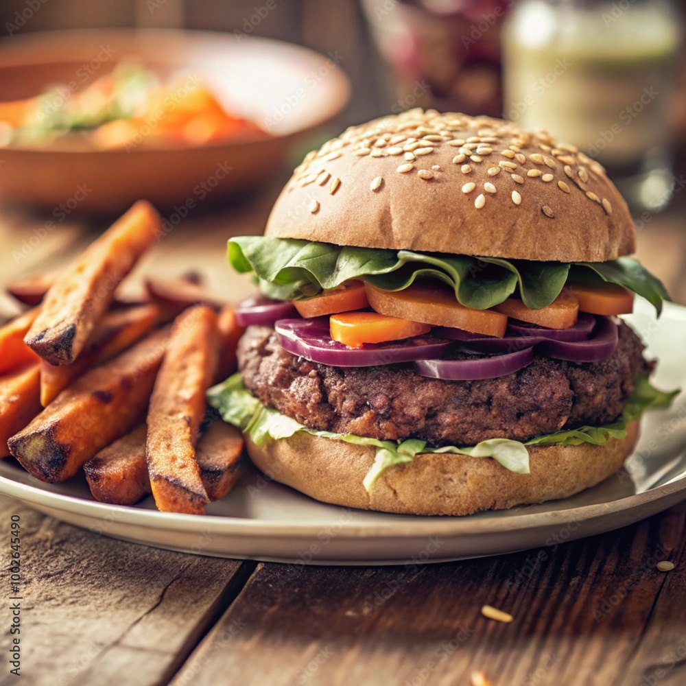 A colorful vegan veggie burger made with fresh vegetables and served with crispy sweet potato fries on the side A colorful vegan veggie burger made with fresh vegetables and served with crispy sweet potato fries on the side