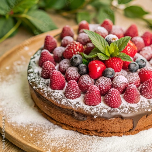 A vegan chocolate cake with layers of rich frosting, topped with a colorful mix of fresh berries, served on a wooden board