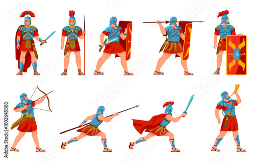 Cartoon roman soldiers. Armored soldier ancient rome empire army, warrior character armor helmet with sword shield history legion fight warriors mascot, recent vector illustration