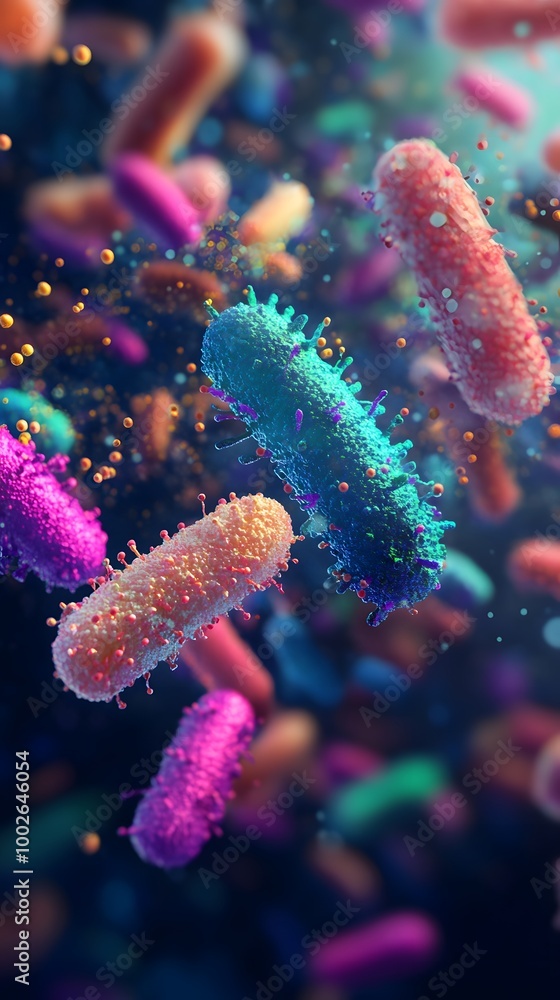 Fototapeta premium A colorful array of bacteria floating in an animated, dynamic background