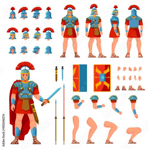 Roman soldier creation. Ancient warrior animation character constructor, centurion in armour or spartan soldiers with shield, rome empire army legion, 2d recent vector illustration