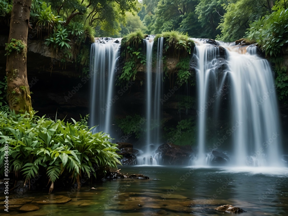 Stunning waterfall surrounded by greenery and mountains. Stunning waterfall surrounded by greenery and mountains.