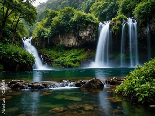 Stunning waterfall surrounded by greenery and mountains.