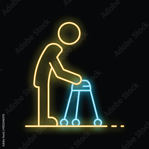 Neon sign depicting an elderly person using a walker, symbolizing mobility challenges and support for seniors