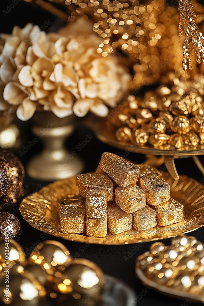 Beautifully crafted desserts lie on golden plates surrounded by luxurious decoration elements. Beautifully crafted desserts lie on golden plates surrounded by luxurious decoration elements.