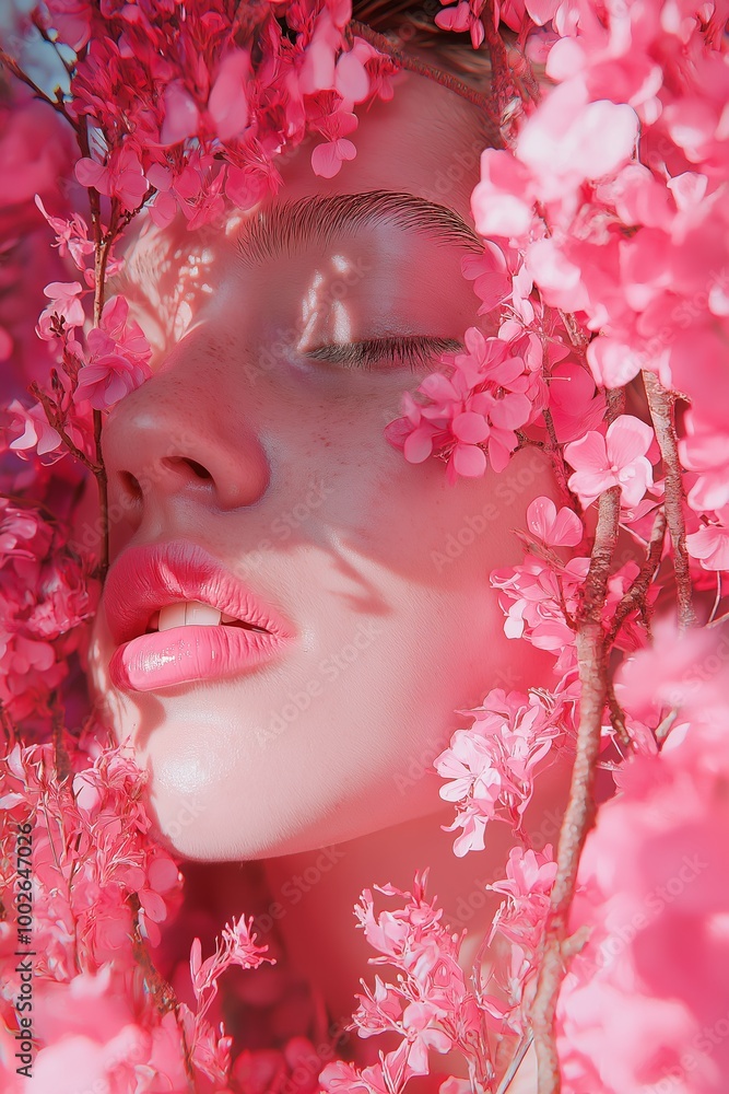 A close-up of a face encircled by pink flowers, showcasing a serene expression and soft shadows for artistic impact. A close-up of a face encircled by pink flowers, showcasing a serene expression and soft shadows for artistic impact.