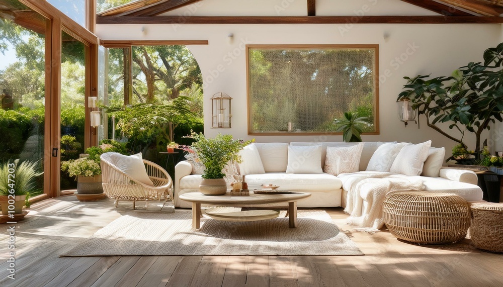 Fototapeta premium a stylish gorgeous craftsman design-themed living room, set against an uncluttered background to highlight the central elements, backyard patio and indoor space