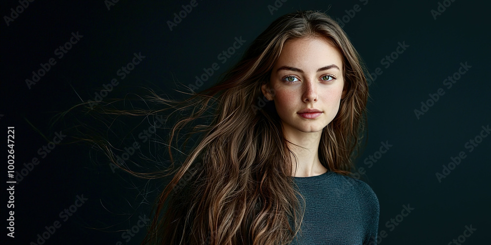 Fototapeta premium A woman with long brown hair is standing in front of a dark background
