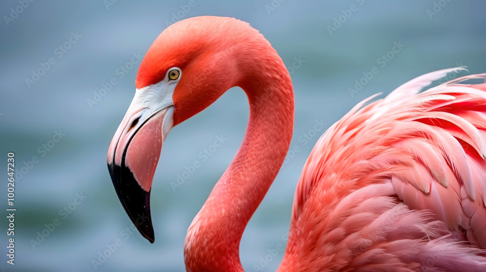 Fototapeta premium A flamingo is standing in the water with its head up