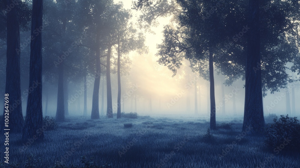 A fog-covered forest at dawn, with soft light diffusing through the trees A fog-covered forest at dawn, with soft light diffusing through the trees