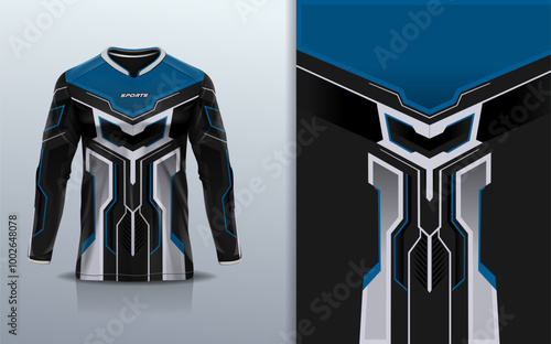 Sport jersey long sleeve design template mockup stripe line racing for motocross motorcycle football soccer, racing, e sports, blue black color