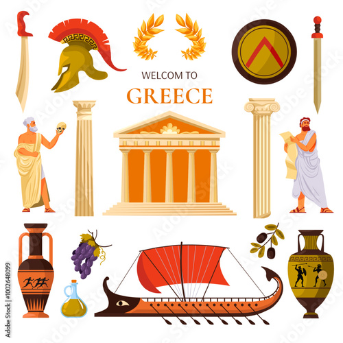 Ancient greece travel icons. Antique greek mythology or rome empire history elements, tourism landmarks symbols olympic athens temple ship helmet amphora recent vector illustration