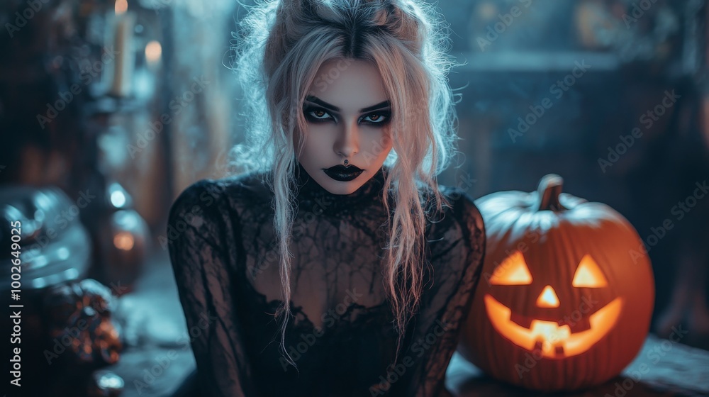 Fototapeta premium Dark Gothic Halloween Aesthetic with Pumpkins and Mysterious Girl