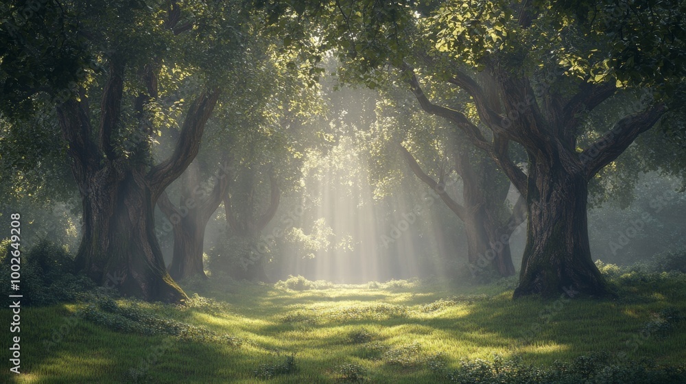 Obraz premium A misty forest at dawn, with faint rays of sunlight filtering through the thick canopy