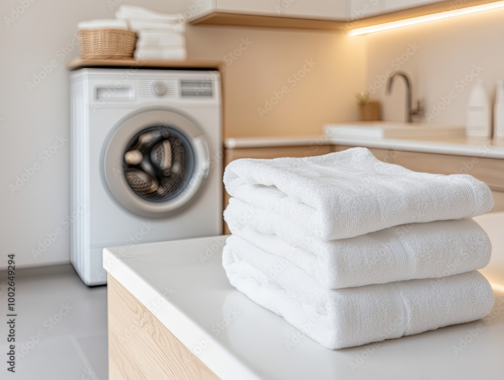 Freshly folded towels on a countertop in a bright laundry room. Freshly folded towels on a countertop in a bright laundry room.