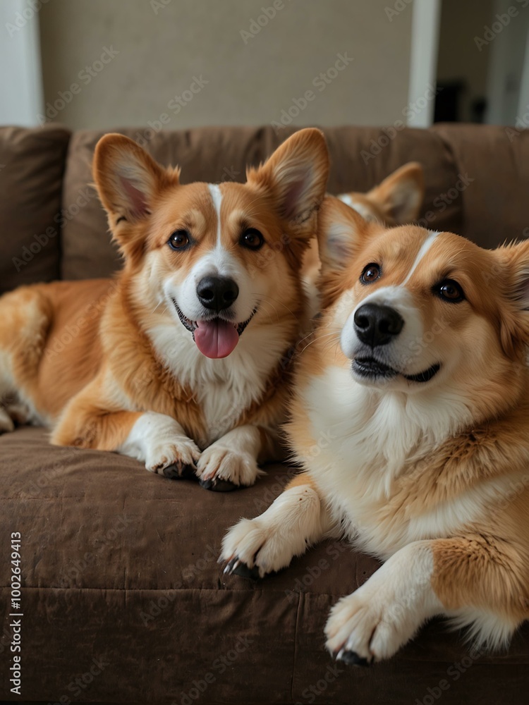 Sweet corgis lounging on a sofa. Sweet corgis lounging on a sofa.