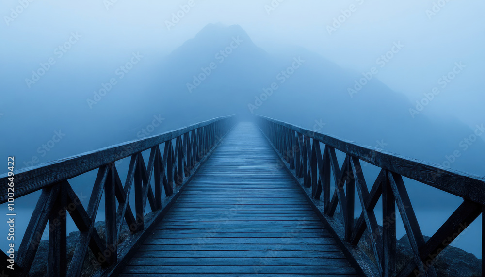 Fototapeta premium Misty wooden bridge leading to a serene mountain in the fog.