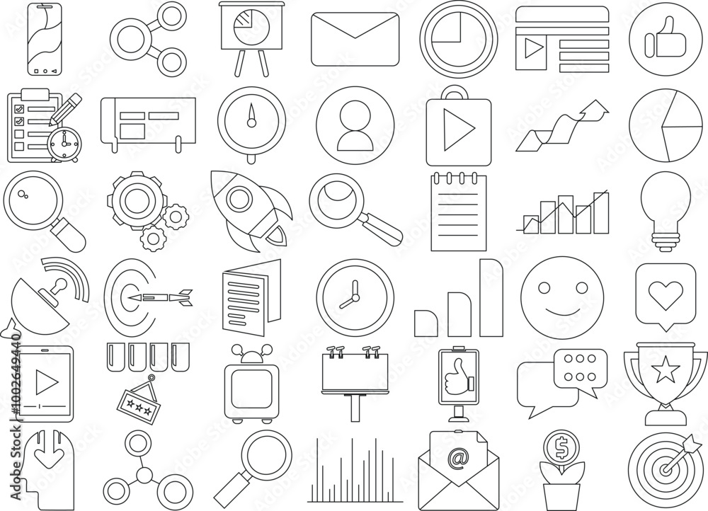 Digital marketing icon set for logo and T-Shirt. Thin line art editable stroke. Digital marketing icon set for logo and T-Shirt. Thin line art editable stroke.