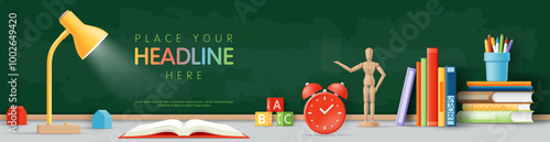 3D Back to school sale banner with school supplies on chalkboard background for student, Desk lamp, pen, wooden toy and books on blackboard and workspace for kid room poster, advertising, promotion