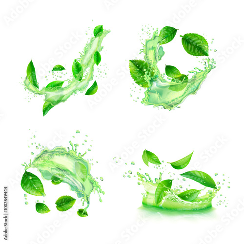 Green tea splashes. Herbal water splash with mint leaves fresh drink, herb extract liquid splatter menthol peppermint leaf refreshing aqua flow, realistic exact vector illustration