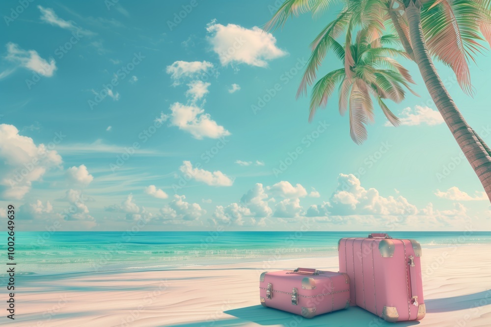 Obraz premium A beach scene with three pink suitcases and a palm tree